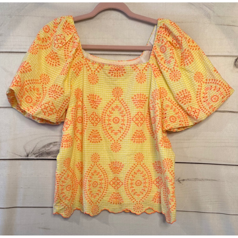 Lilly Pulitzer Yellow Gingham Orange Eyelet Puff Sleeve Scallop‎ Hem Top Small
